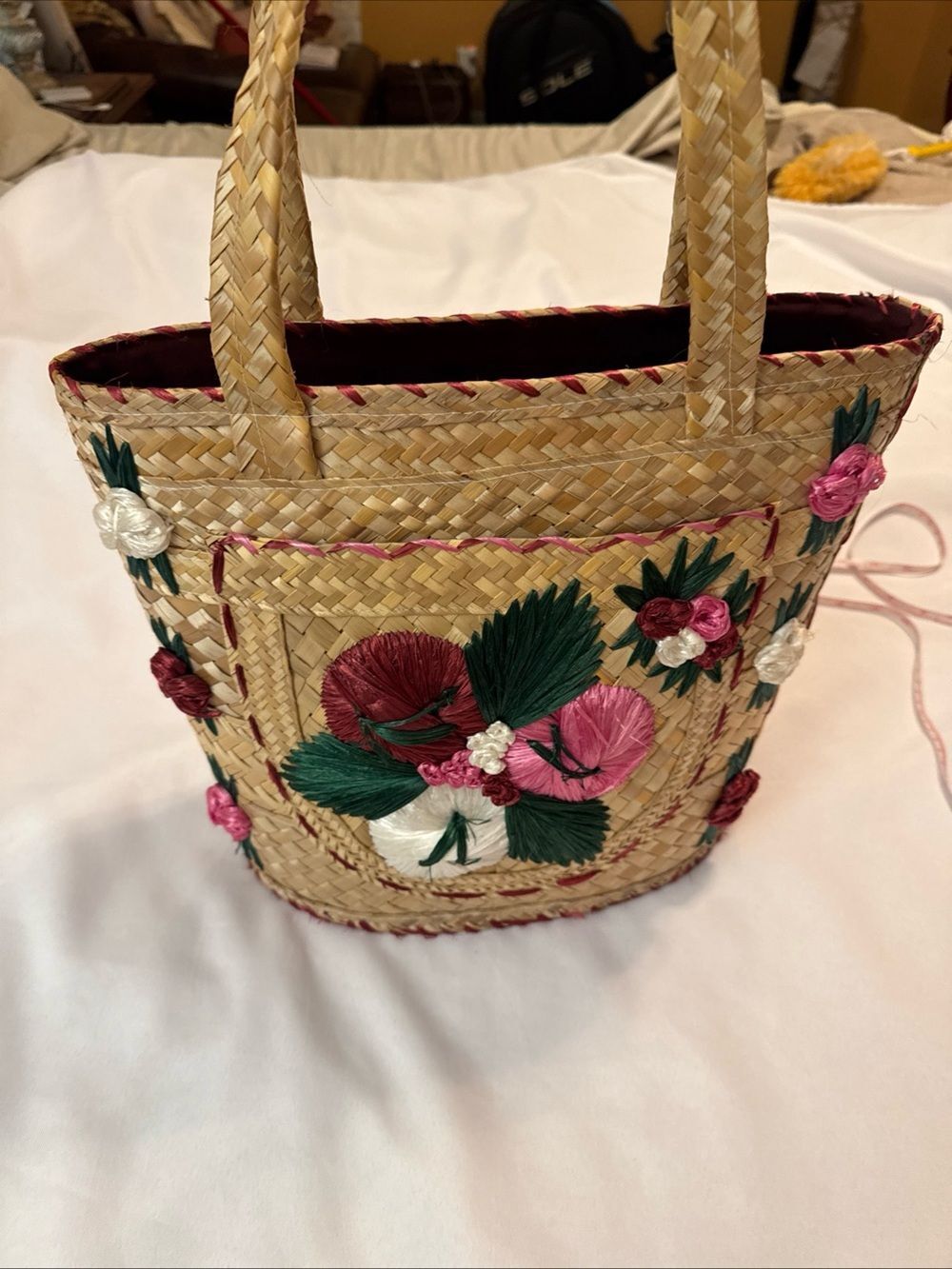 Straw Tote with Pink, Green & White Floral Embroidery - Picture 1 of 11